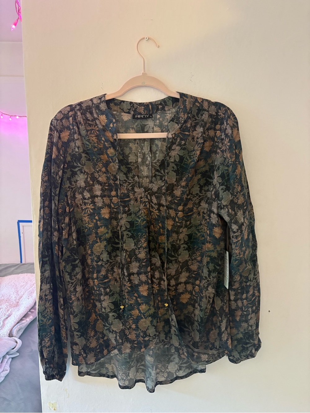 APNY Floral Black Sheer Long-Sleeve Blouse